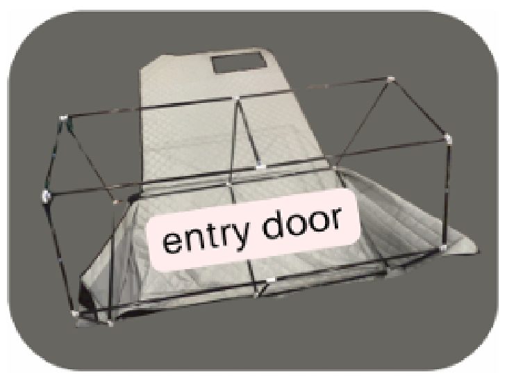 The sauna frame sitting on the spread-out cover, with the open entry door side at the bottom end