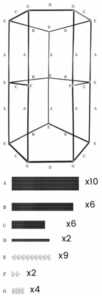 Frame diagram showing where each pole and joint goes, with the parts list: A poles x10, B poles x6, C poles x6, D poles x2, E joints x9, F joints x2, G joints x4